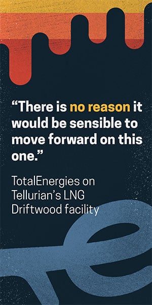 Graphic with quote by TotalEnergies on Tellurian's LNG Driftwood facility: 